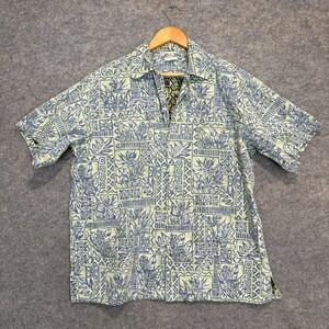 VTG Go Barefoot Hawaiian Camp Shirt Mens Large Tribal Floral Reverse Print USA
